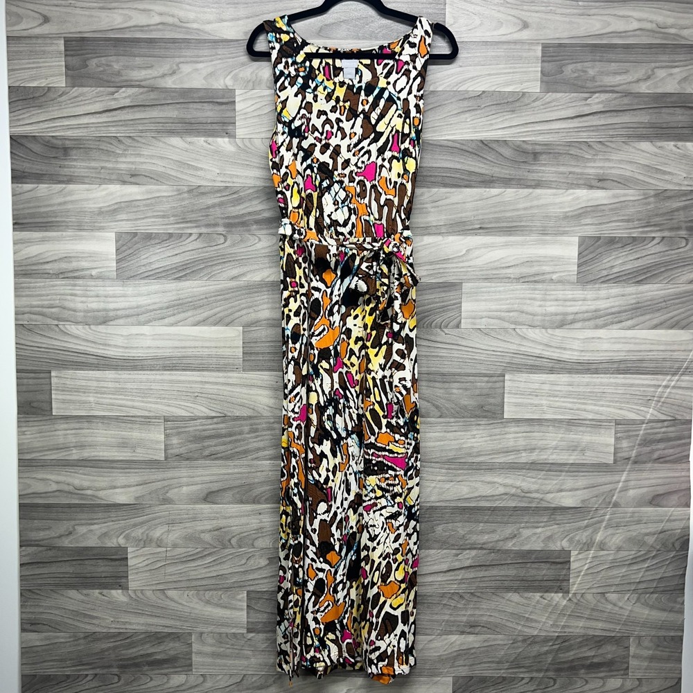 Chico's Maxi Dress Womens Size 8/10 Brown Abstract Print Sleeveless Belted Waist